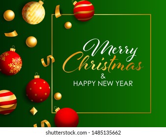 Merry Christmas Sale lettering in frame with Christmas toys and gold decoration on green background. Lettering can be used for posters, leaflets, announcements