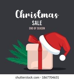 merry christmas sale lettering with gift and santa claus hat vector illustration design