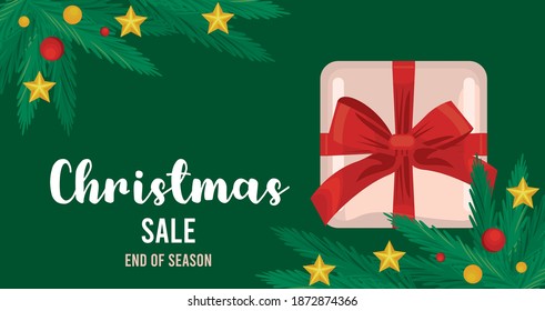 merry christmas sale lettering with gift and leafs frame in green background vector illustration design