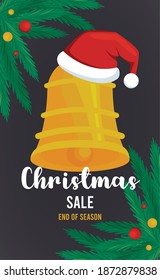 merry christmas sale lettering with leafs and bell wearing santa hat vector illustration design