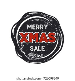 Merry Christmas sale lettering and typography elements. Holiday Online shopping type quote on handcrafted wax seal template. Stock vector illustration isolated on white background.