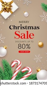 Merry Christmas Sale message, with Santa's Staff and Pine leaves, gold ball, snow flakes, gold ribbons, flyer poster design on brown background, Eps 10 vector illustration