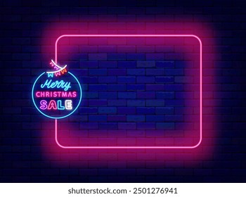 Merry Christmas sale neon poster. Winter marketing. Season shopping greeting card. Empty pink frame and lettering with garland. Special offer flyer. Copy space. Editing text. Vector stock illustration