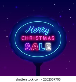 Merry Christmas sale neon street billboard. Holiday special offer banner. Luminous advertising. Shopping greeting card. Glowing effect poster. Vector stock illustration