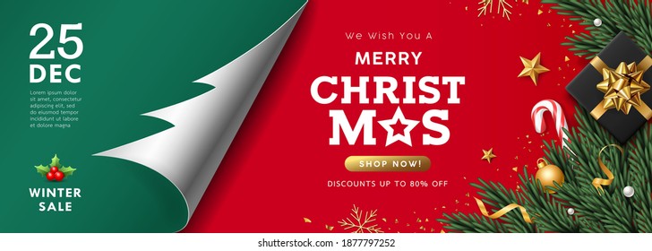 Merry Christmas sale, paper roll tree shape, gift box with santa's staff, pine leaves and gold ribbons banner concept design on green and red background, Eps 10 vector illustration