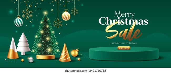 Merry christmas sale, pine tree lighting, green podium display ornaments banners design on green background, EPS10 vector illustration
