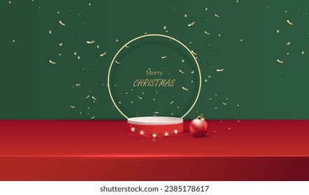 Merry Christmas sale podium with green and red background, 3d ball, confetti and realistic lamps. Holiday modern x-mas card vector design.