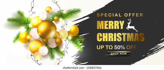 Merry Christmas Sale poster with abstract volumetric balls,Christmas tree branches and luminous garlands . Vector illustration. Design for invitation, banners, ads, coupons, promotional material