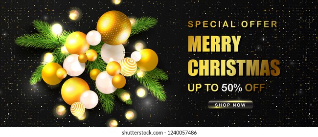 Merry Christmas Sale poster with abstract volumetric balls,Christmas tree branches and luminous garlands . Vector illustration. Design for invitation, banners, ads, coupons, promotional material