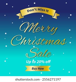 Merry Christmas Sale Poster or banner with Up to 20% off, Christmas element for Retail, Shopping or Christmas Promotion in Blue and gold style. 20% Discount. Don't Miss It. Buy Now.