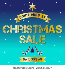 Merry Christmas Sale Poster or banner with Up to 35% off. Christmas Sale Banner in Blue and gold style. Vector. 35% Discount. Illustration. Don't Miss It.