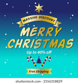 Merry Christmas Sale Poster or banner with Up to 40% off. Christmas Promotion Banner in Blue and gold style. 40% Discount. Massive Discount. Free Shipping.