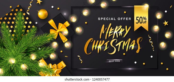 Merry Christmas Sale poster with luminous garlands,gift boxes,Christmas tree and shiny serpentine . Vector illustration. Design for invitation, banners, ads, coupons, promotional material.