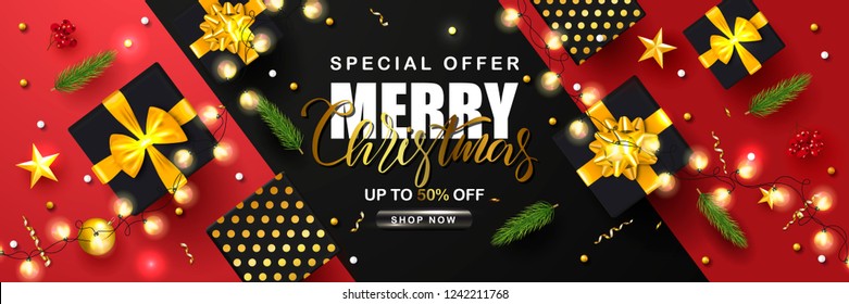 Merry Christmas Sale poster with serpentine,garland, fir branches, gift boxes, Rowan and gold stars. Vector illustration. Design for invitation, banners, ads, coupons, promotional material.