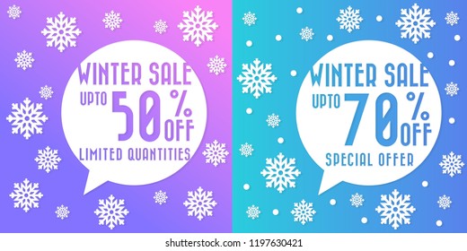 Merry Christmas sale poster with stylized white snowflakes, vector illustration

