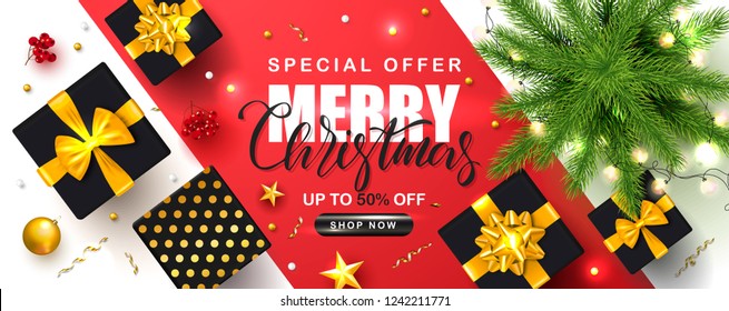 Merry Christmas Sale poster with Christmas tree, garland, gift boxes, serpentine, Rowan and gold stars. Vector illustration. Design for invitation, banners, ads, coupons, promotional material.