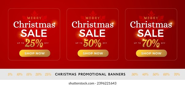 Merry Christmas sale banners de promoción plantillas set - la venta navideña descuentos 25% 50% 70% de descuento y botón Comprar ahora. Colores dorados y rojos - ilustración vectorial en un estilo moderno brillante