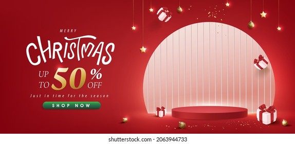 Merry Christmas sale promotion poster banner with product display and festive decoration red background - Shutterstock ID 2063944733