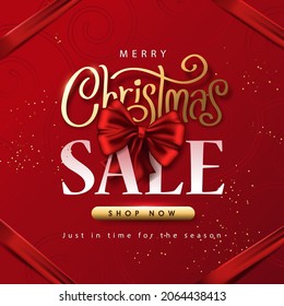 Merry Christmas sale promotion poster banner on red background