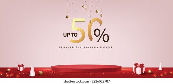 Merry Christmas sale promotion poster banner with product display and festive decoration 