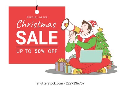 Merry Christmas sale promotion poster banner with character model 
 and red tag sale off on white background.