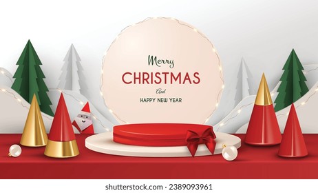 Merry Christmas sale promotion poster banner with product display and festive decoration red background