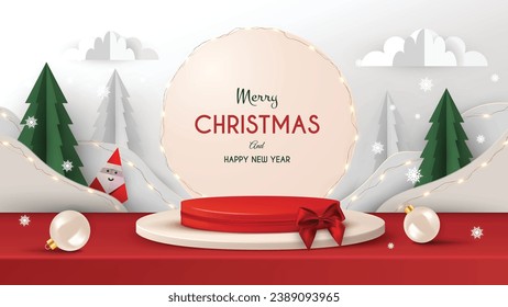 Merry Christmas sale promotion poster banner with product display and festive decoration red background