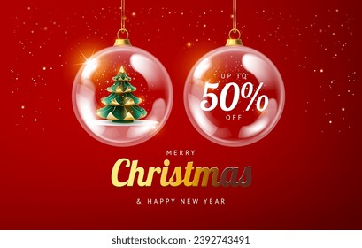 Merry Christmas sale promotion poster banner with christmas tree and 50% off discount in a shiny glass Christmas baubles - vector illustration red and gold color background