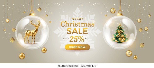 Merry Christmas sale promotion poster banner with christmas tree, deer and 25% off discount in a shiny glass Christmas baubles - vector illustration festive holiday gold color background