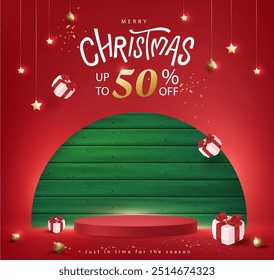 Merry Christmas sale promotion poster banner with product display and green wood frame backdrop festive decoration red background