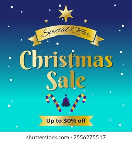 Merry Christmas Sale Promotion Poster or banner with Up to 30% off. Christmas element for Retail, Shopping or Christmas Promotion in Blue and gold style. 30% Discount. Special Offer.