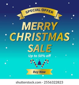 Merry Christmas Sale Promotion Poster or banner with Up to 50% off, Christmas element for Retail, Shopping or Christmas Promotion in Blue and gold style. 50% Discount. Special Offer. Buy Now.