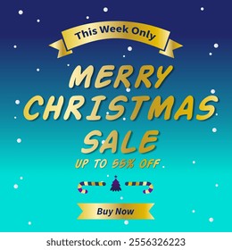 Merry Christmas Sale Promotion Poster or banner with Up to 55% off, Christmas element for Retail, Shopping or Christmas Promotion in Blue and gold style. 55% Discount. This Week Only. Buy Now.