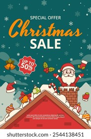 Feliz Venta de Navidades con Papá Noel sale de la chimenea y Navidades Adornos.