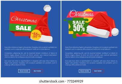 Merry Christmas sale Santa Claus hats on promo labels vector web poster with text, online buttons read more, buy now, advertisement badges on banners