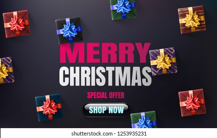 Merry Christmas Sale Special Offer Banner or Promotion Poster. Template for design with Colorful gift box and bow with texture and shiny ribbon and Shop Now button. Realistic 3d Vector