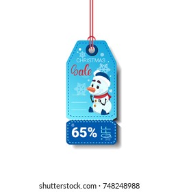 Merry Christmas Sale Tag With Snowman Isolated On White Background Flat Vector Illustration