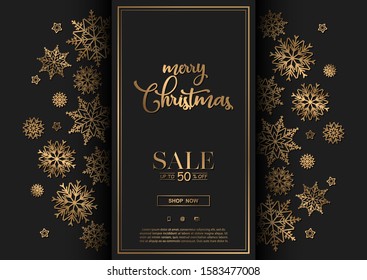 Merry Christmas sale vector banner with gold lettering and snowflakes  decoration elements