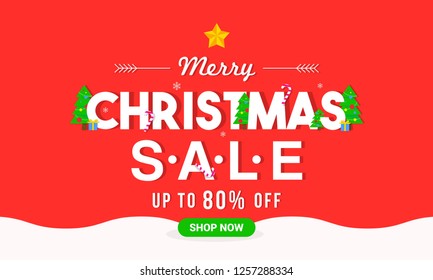 Merry Christmas Sale Vector illustration, Typography on red background, Flat design