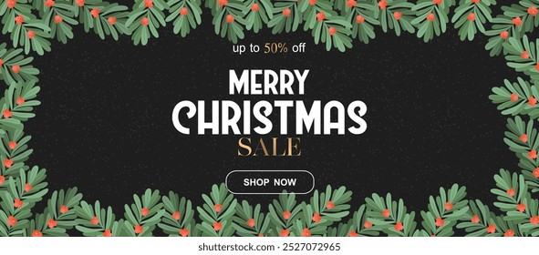 Merry Christmas sale vector illustration with omella branches and berries frame isolated on black background. Design template for advertising, poster print, banner, card, flyer