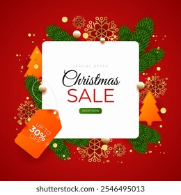 Merry Christmas Sale. Vector Illustration. Christmas Sale Banner with discount up to 30% off. Shop Now. Special Offer.