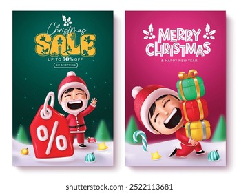 Merry christmas sale vector poster set design. Santa claus kid character greeting text with colorful gift boxes, xmas balls, candy cane and star elements in snow winter background. Vector illustration