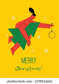Merry Christmas and Christmas sale. Vector trendy abstract illustration of holiday card with People running for shopping with christmas tree.