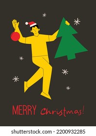 Merry Christmas and Christmas sale. Vector trendy abstract illustration of holiday card with People running for shopping with christmas tree.