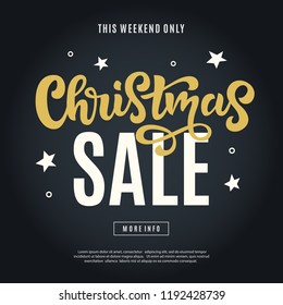 Merry Christmas sale web banner template. Holidays promo offer.  Seasonal discount poster template. Winter shopping background. Hand drawn vector typographic design with modern calligraphy.