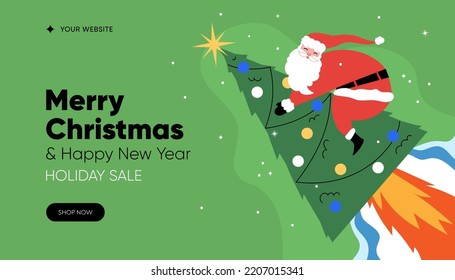 Merry Christmas sale web banner. Santa Claus flying on a Christmas-tree rocket. Greeting card, landing page, banner, poster. Vector illustration