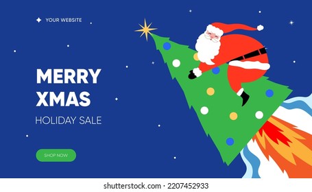 Frohe Weihnachten Verkauf Web-Banner. Der Weihnachtsmann fliegt auf einer Weihnachtsbaumrakete. Grußkarte, Landing-Page, Banner, Poster. Vektorgrafik