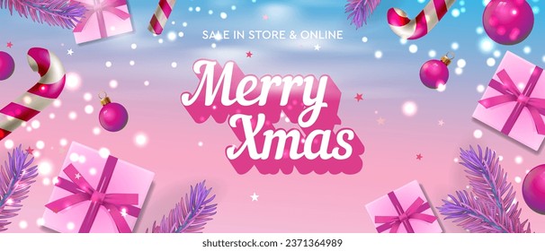 Merry Christmas sale web banner, fashion pink background. Xmas presents, pine tree, candy cane. Horizontal banner, poster. Vector illustration