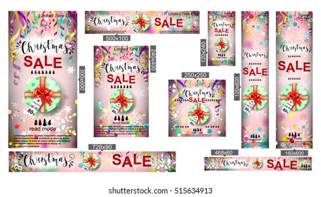 Merry Christmas sale web banner. Colorful paper streamers and confetti. Christmas Sale. Place for your text. Design for poster, invitation, gift certificate, card.