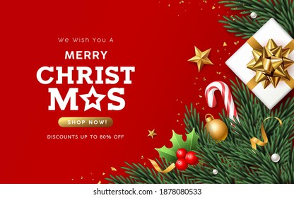 Merry Christmas sale, white gift box with pine leaves, santa's staff, and gold ribbons banner design on red background, Eps 10 vector illustration